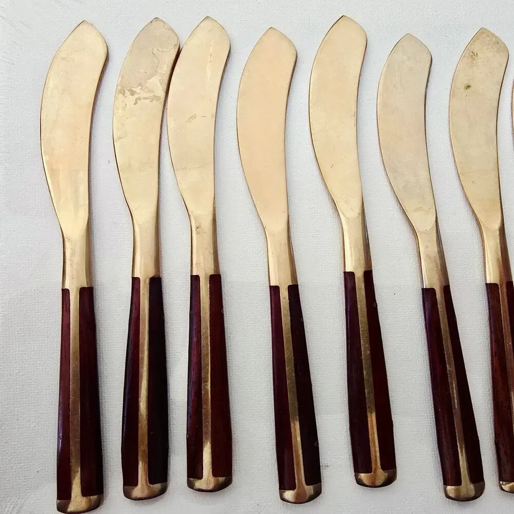 Vintage MCM Jean Claude Style Rosewood Brass Bronze Flatware KNIVES 10pcs READ